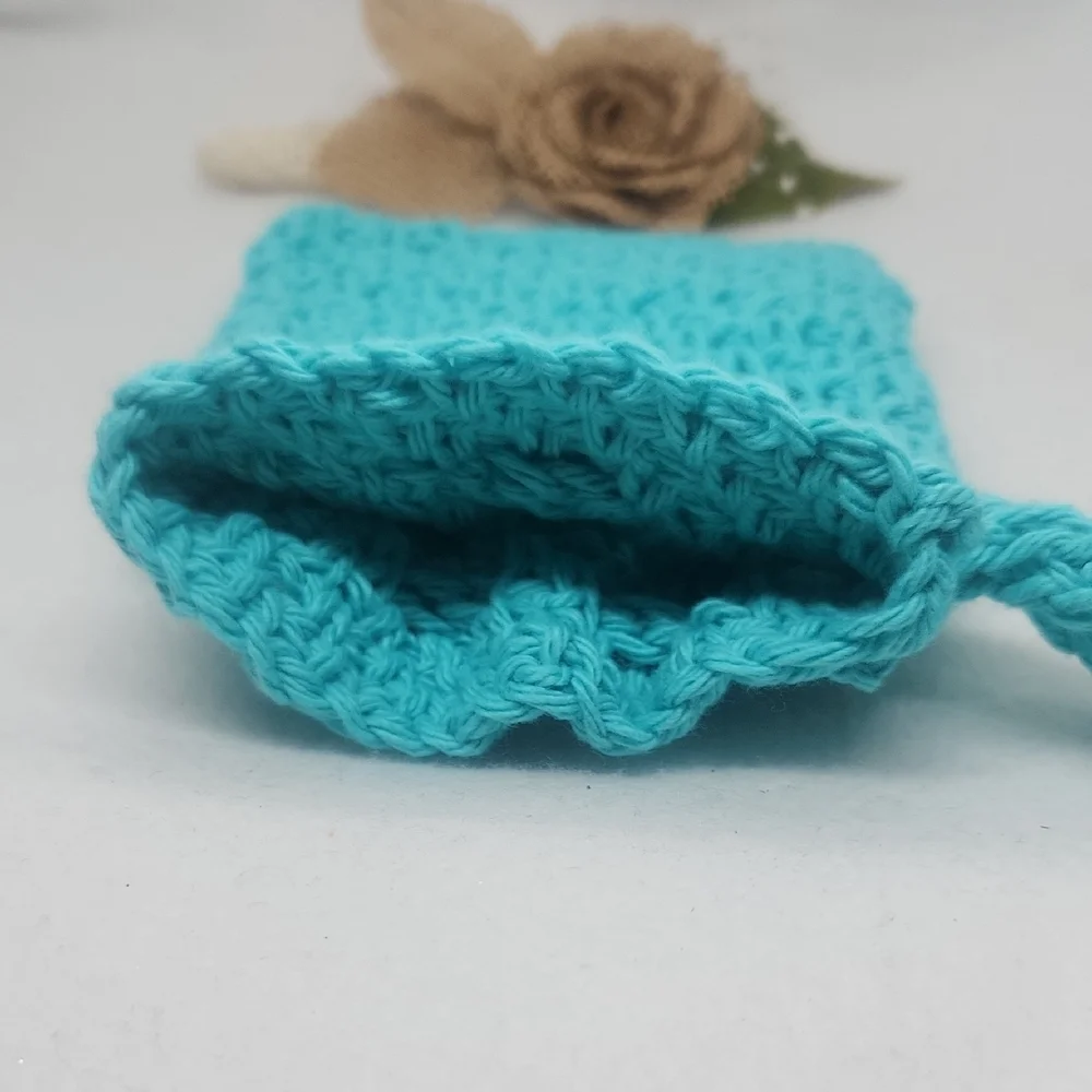 Handmade Turquoise Crochet Pouch Soap Sack Bag , Eco-Friendly 100% Cotton